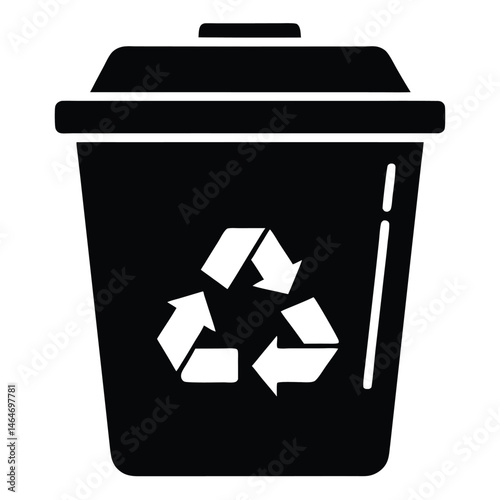 Solid black container shows a recycling symbol for sustainable waste management practices and awareness