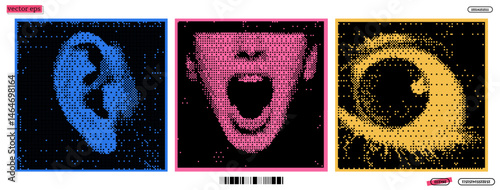 Capturing intense auditory emotions, the artwork combines vibrant colors and pixelated patterns with a focus on an open mouth, ear, and eye.