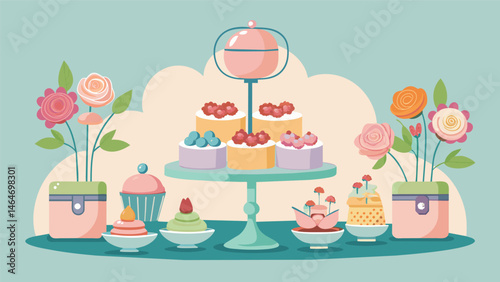A garden party candy buffet featuring delicate floralinspired candies and petit fours displayed on vintage tea stands.. Vector illustration