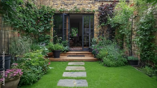 Lush Green Backyard Garden with Stone Path and Brick Wall on a Bright Day with Flowering Plants and Open Doors