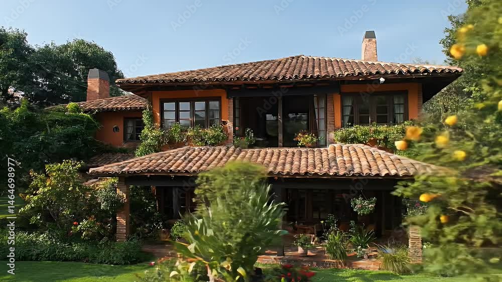 Exterior of a Two Story Orange House with Clay Tile Roof Surrounded by Lush Greenery on a Sunny Day with an Idyllic Atmosphere Exterior of a Two Story Orange House with Clay Tile Roof Surrounded by Lush Greenery on a Sunny Day with an Idyllic Atmosphere