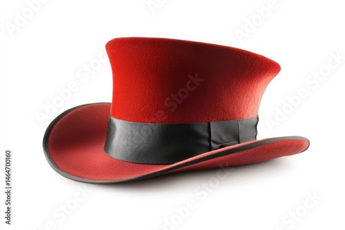 A red top hat with black band on white background