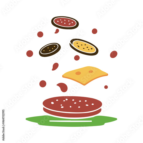 Fast food burger with cheese pizza slice sandwich and sausage in cartoon vector style