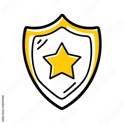Shield with Star – Protective Emblem and Medal: Doodle shield with a star emblem, symbolizing protection, security, business reliability, and prestigious awards.