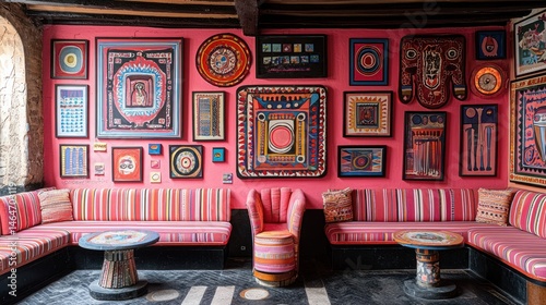 Vibrant room filled with framed artwork and colorful seating.
