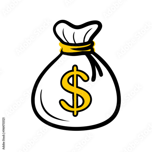 Money Bag with Dollar Sign – Wealth and Financial Success Icon: Doodle-style money bag with a dollar sign, illustrating wealth, profit, business finance, and economic success.