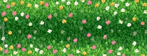 Vibrant pixel flowers bloom amidst a lush green field, capturing the beauty of 8-bit art in a nostalgic digital landscape