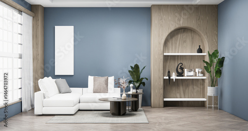 Gray blue wall Living Room Interior Design have sofa modern and decoration. 3D rendering