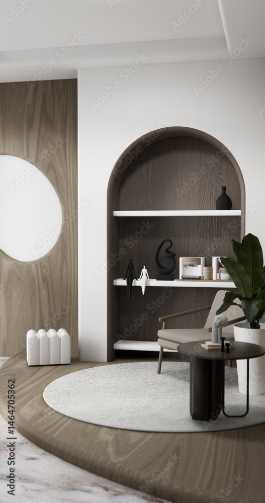 Cabinet wall shelves on empty room with decoration ,lamp, plants, carpet, sofa.3D rendering