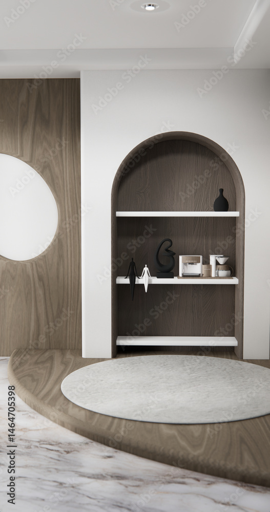 Shelf wall room zen style and decoraion wooden design, earth tone.3D rendering