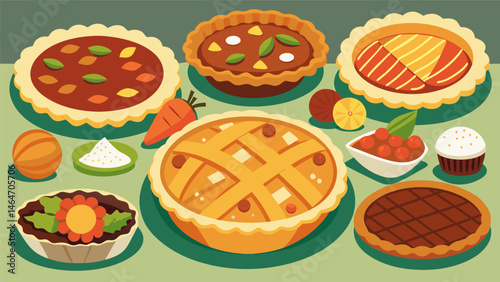 A mouthwatering spread of savory pies and quiches ranging from classic meat and veggie options to unique flavor combinations.. Vector illustration