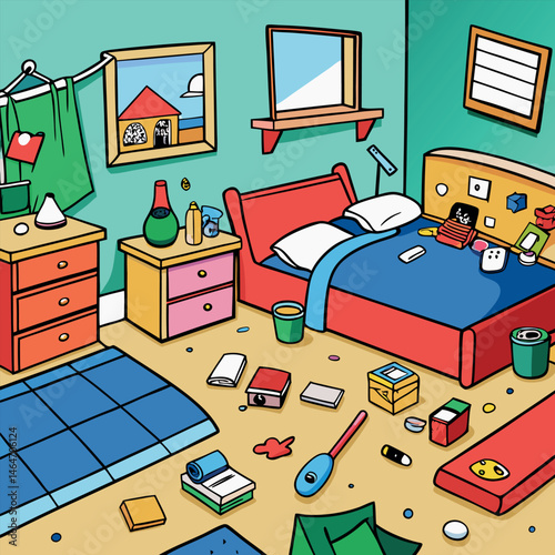 vector messy room, Messy bedroom with scattered stuff