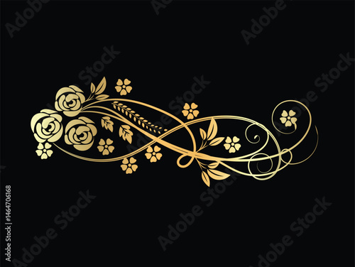 Elegant Golden Floral Design with Roses and Swirls on Black Background