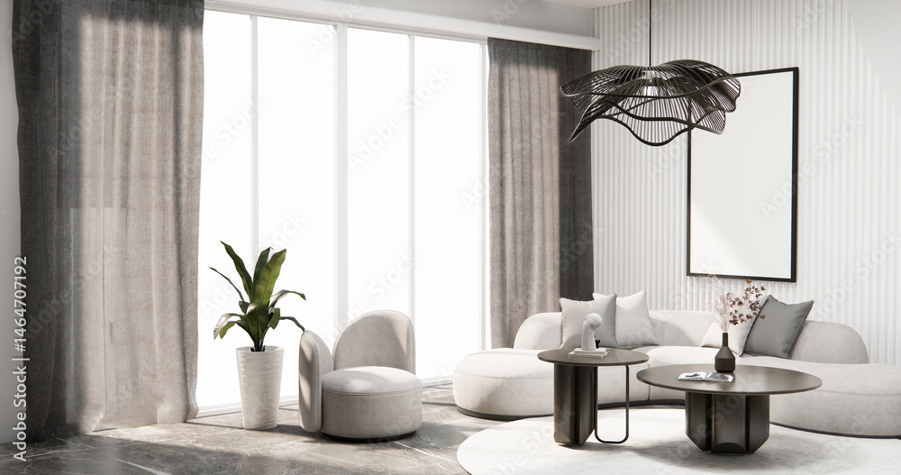mock up empty living room and art wood panels wall background 3D illustration rendering