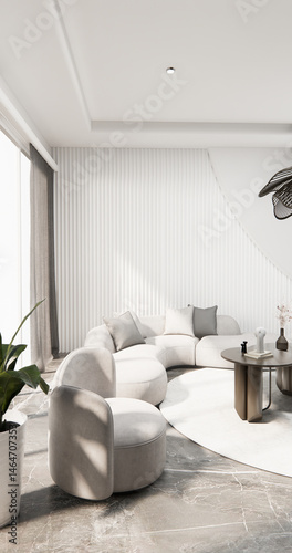 mock up empty living room and art wood panels wall background 3D illustration rendering
