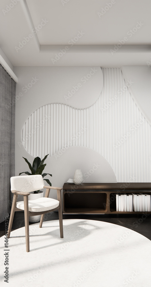 Cabinet wall shelves on empty room with decoration ,lamp, plants, carpet, sofa.3D rendering