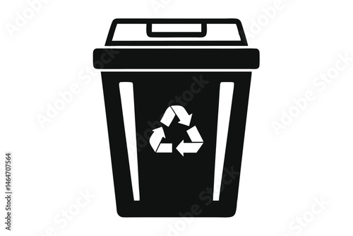 Black recycling bin displays white arrows indicating process on a white background