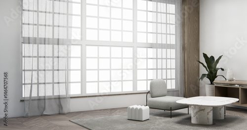 Obraz na płótnie Cabinet wall shelves on empty room with decoration ,lamp, plants, carpet, sofa.3D rendering w salonie