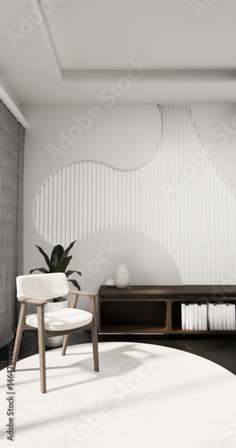 Cabinet wall shelves on empty room with decoration ,lamp, plants, carpet, sofa.3D rendering