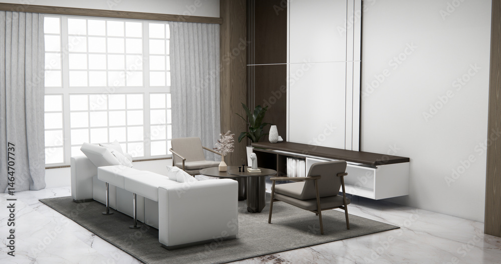 Cabinet wall shelves on empty room with decoration ,lamp, plants, carpet, sofa.3D rendering