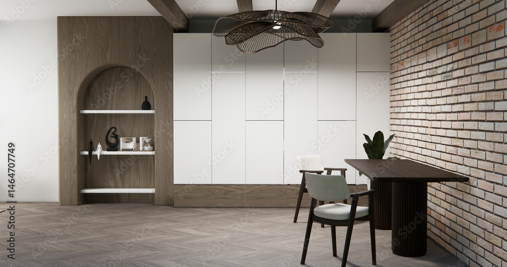 Cabinet wall shelves on empty room with decoration ,lamp, plants, carpet, sofa.3D rendering