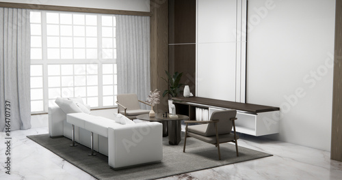 Obraz na płótnie Cabinet wall shelves on empty room with decoration ,lamp, plants, carpet, sofa.3D rendering w salonie