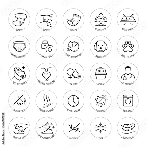 Dog diapers icon set.The outline icons are well scalable and editable. Vector elements are good for different backgrounds. Ready for dogs diapers design, its key components and benefits. EPS10.