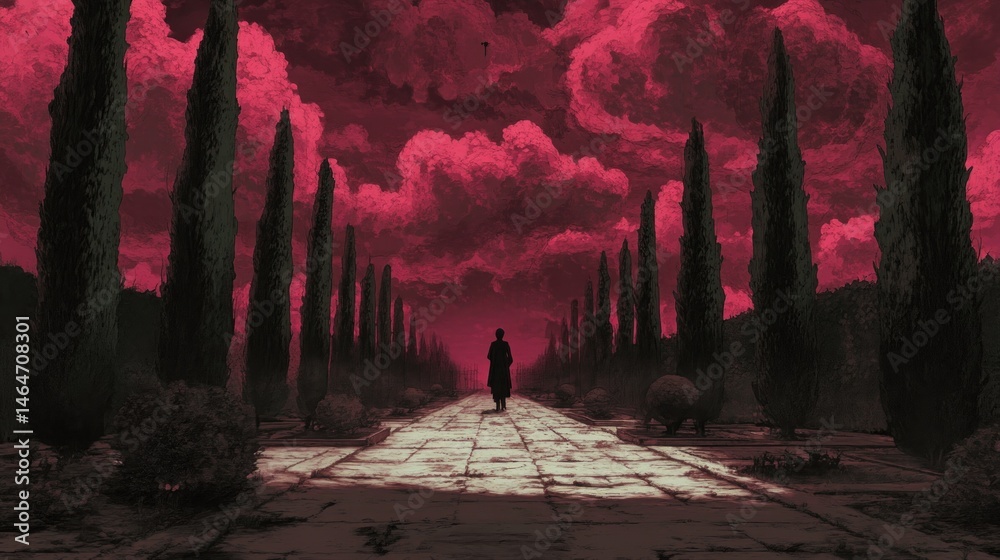 Naklejka premium A solitary figure journeys through a crimson, lined avenue.