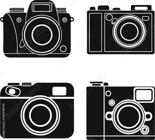 Black Silhouette Vector Set of DSLR, Mirrorless, Vintage, Action, and Smartphone Cameras