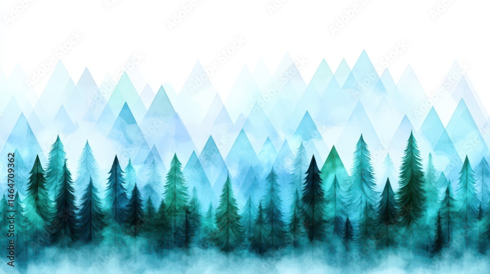 Evergreen Forest Watercolor Painting: A serene watercolor painting depicting an evergreen forest scene with stylized trees and misty mountains in shades of blue and green.