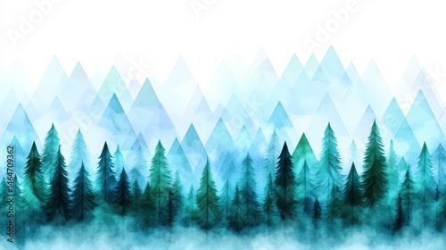 Obraz na płótnie Evergreen Forest Watercolor Painting: A serene watercolor painting depicting an evergreen forest scene with stylized trees and misty mountains in shades of blue and green. w salonie