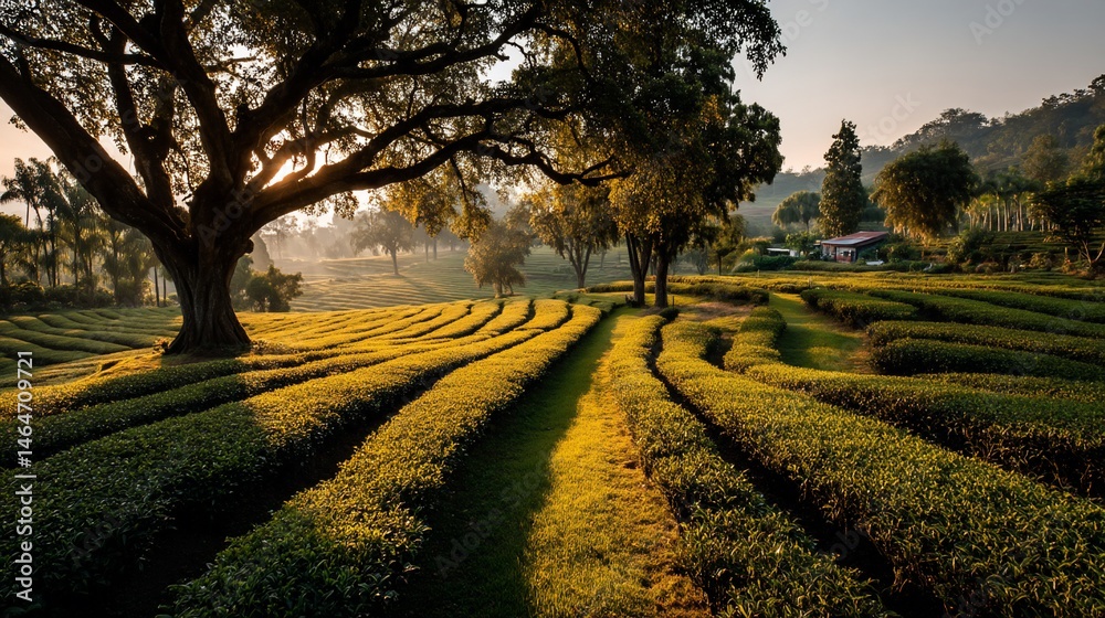 Naklejka premium Sunrise over terraced tea fields