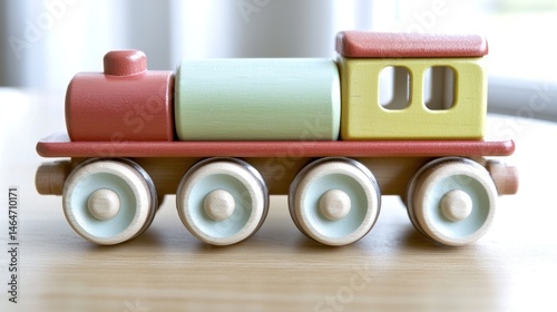 Colorful wooden toy train on a light table. photo