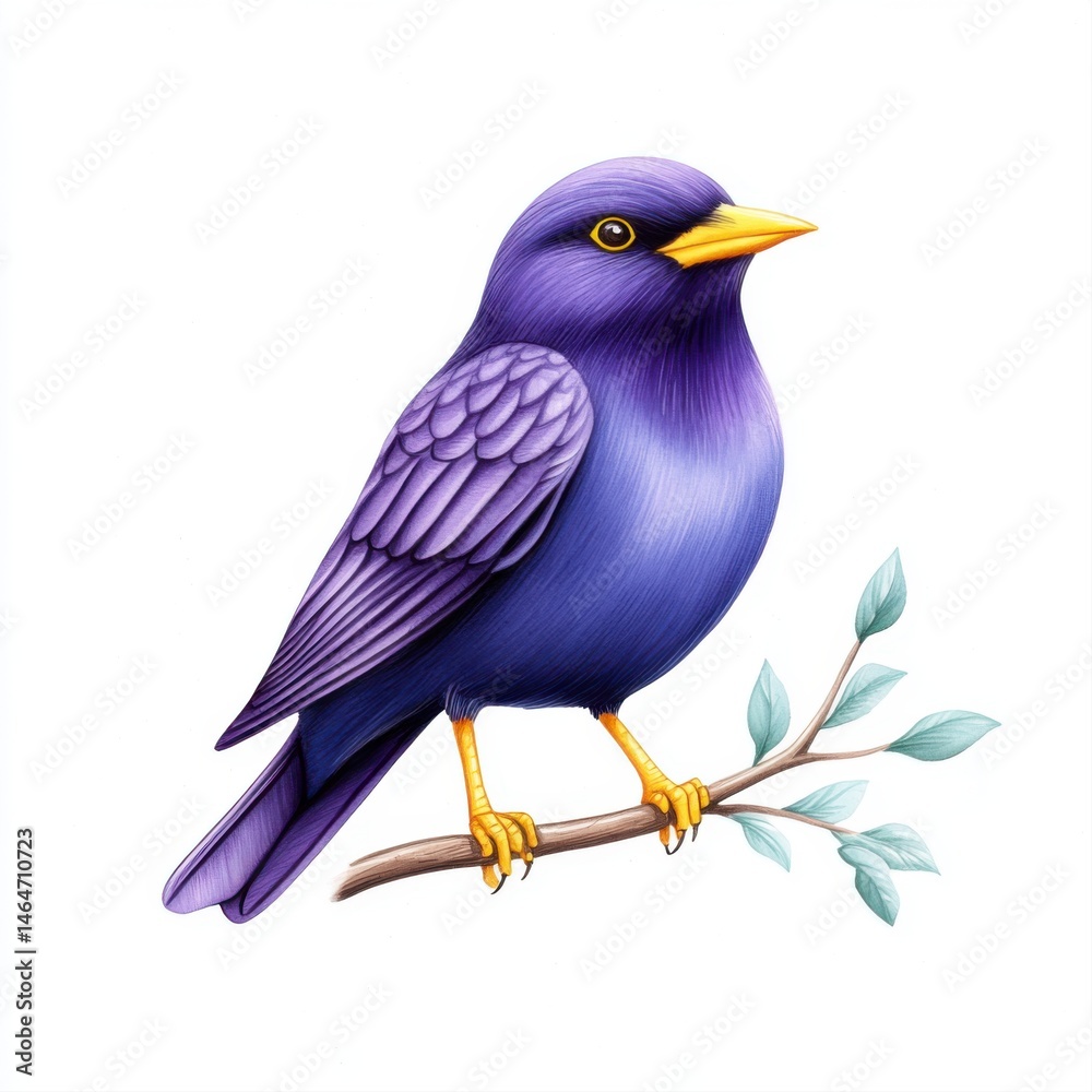 Vibrant Purple Bird Sitting on Branch with Leaves in Detailed Illustration