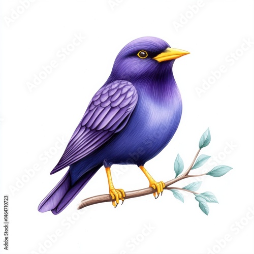 Obraz na płótnie Vibrant Purple Bird Sitting on Branch with Leaves in Detailed Illustration w salonie