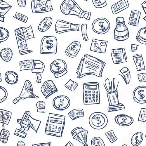 Seamless hand drawn doodle pattern of finance business icons with coins calculator megaphone and documents in sketch style vector background