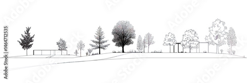 Minimalist landscape architectural drawing side view with variety of tree silhouettes and modern building outlines on curved terrain line vector illustration