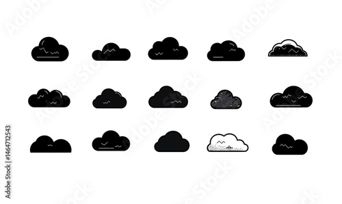 Set of black simple cloud icons in various flat minimalist styles with different shapes and line details isolated on white background vector illustration