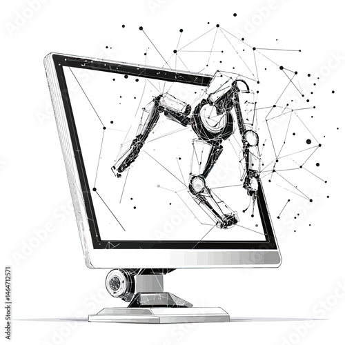Futuristic robotic arm emerging from computer monitor with low poly wireframe technology and digital network connections illustration