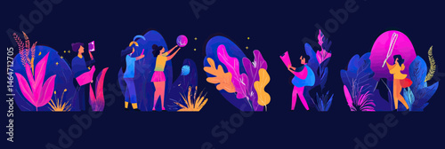 Abstract futuristic vector illustration of diverse people interacting with glowing plants, digital tablets, and spherical objects in vibrant purple and pink neon colors on dark background