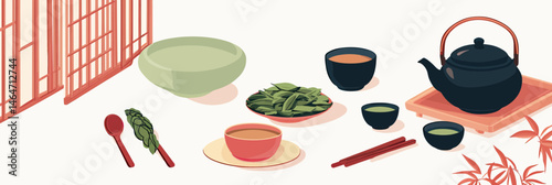Minimalist flat vector illustration of traditional Asian tea ceremony setup with teapot, cups, tea leaves, bamboo mat, chopsticks, wooden spoon, and decorative screen background