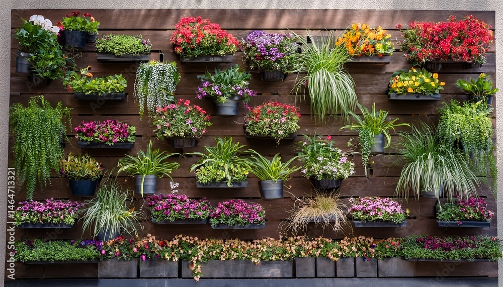 Obraz premium vertical garden wall decor a stunning vertical garden wall showcasing a variety of lush greenery and colorful flowers in tiered planters perfect for adding a touch of nature to any space