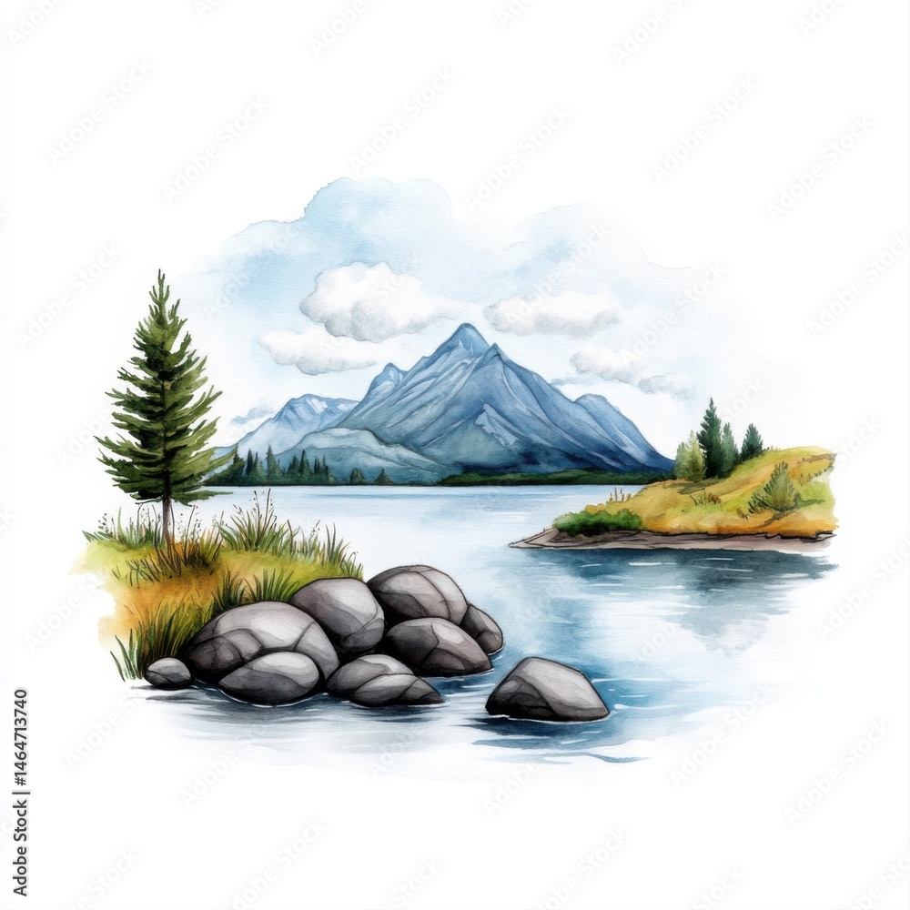 Scenic Mountain Landscape with Lake and Rocky Shoreline in Watercolor Style