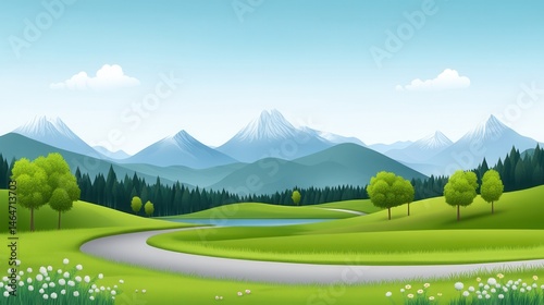 Obraz na płótnie Serene Landscape with Rolling Hills, Mountains, and Calm Lake under Blue Sky w salonie