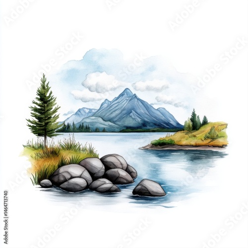 Obraz na płótnie Scenic Mountain Landscape with Lake and Rocky Shoreline in Watercolor Style w salonie