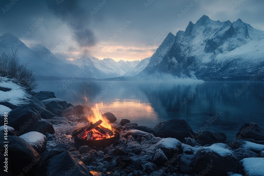 Naklejka premium Winter campfire by a serene lake, mountain backdrop