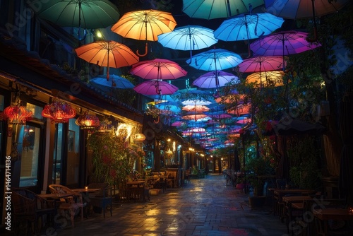 Colorful umbrellas illuminate a night market alley
