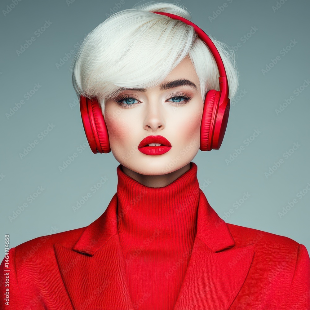 Red Elegance: A stylish woman, sporting striking red headphones, a matching sweater, and bold red lipstick, presents a picture of contemporary sophistication and artistic allure.