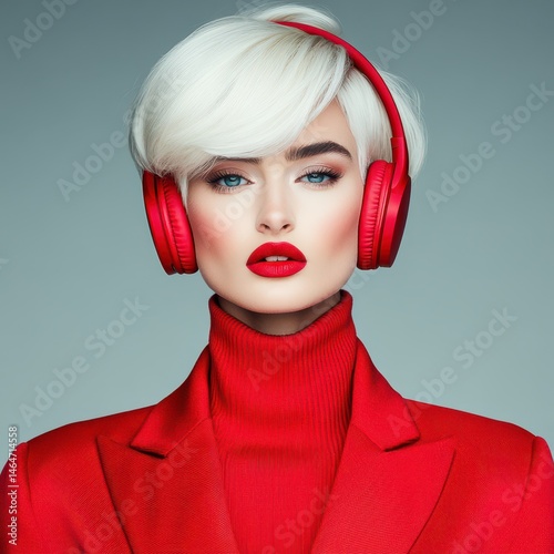 Obraz na płótnie Red Elegance: A stylish woman, sporting striking red headphones, a matching sweater, and bold red lipstick, presents a picture of contemporary sophistication and artistic allure. w salonie