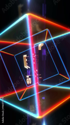 Cart shop and online shopping e-commerce business golden metal symbol in neon 3d box looped and seamless vertical mobile animation